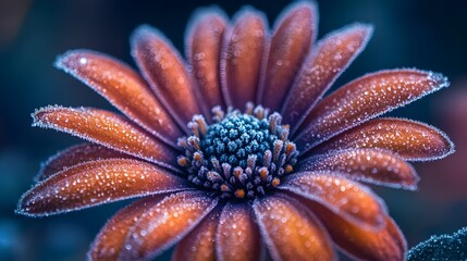 Closeup of a beautiful vibrant orange gerbera daisy flower in full bloom,with dazzling dew droplets glistening on the delicate,soft petals against a blurred natural background.