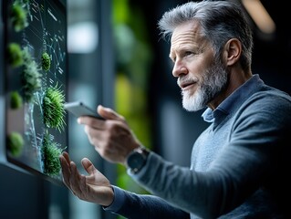 Senior man using futuristic digital screen with eco data visualization and smartphone in modern office