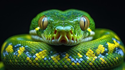 Fototapeta premium Close-up portrait of a green tree python with yellow markings, staring directly at the camera with its eyes wide open.
