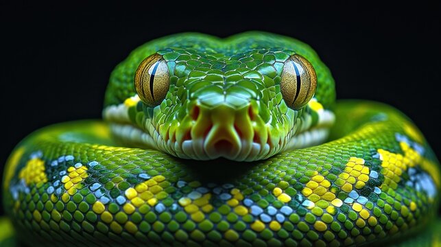 Close-up portrait of a green tree python with yellow markings, staring directly at the camera with its eyes wide open.