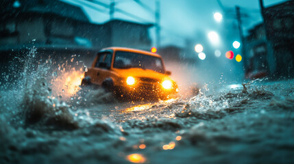 Fototapeta premium car in the rain with heavy rains, severe weather, rising water, storm surge, water damage and overflowing river