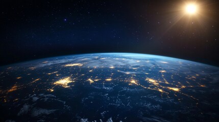 Obraz premium View Earth from space night sky filled stars Planet half