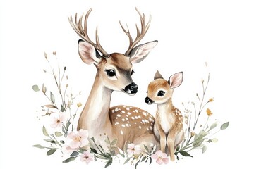 Watercolor illustration mother deer her fawn standing center Safari Animal set