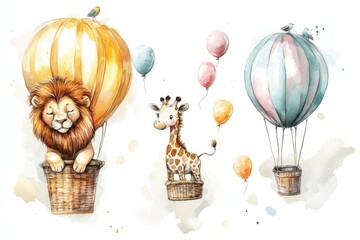 Watercolor illustration three hot air balloons first balloon Safari Animal set lion