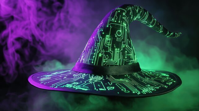 Intricate neon hat with electronic circuit highlights