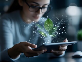 Woman interacting with holographic plant projection on tablet representing eco-technology and sustainable innovation