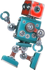 Vintage toy robot in blue and red colors happily strolls