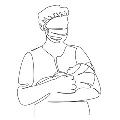 One continuous single drawing line art flat doodle new life, adult, white people, hospital, newborn, doctor, people, care, horizontal, nurse. Isolated image hand draw contour on a white background