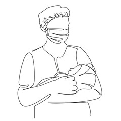 One continuous single drawing line art flat doodle new life, adult, white people, hospital, newborn, doctor, people, care, horizontal, nurse. Isolated image hand draw contour on a white background