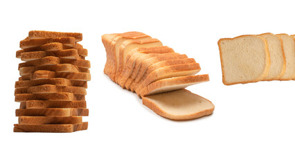 Delicious bread slices isolated on a white background, top view.