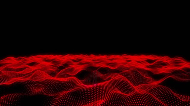 Flowing dot particles wave pattern halftone black and red gradient smooth curve shape isolated on black  background.wave. Technology connection in concept of technology, science, flowing