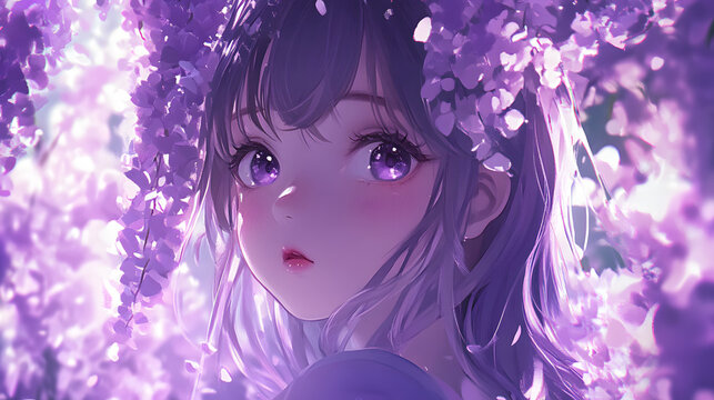 Portrait of an Anime girl with purple hair, beautiful female cartoon charackter, illustration