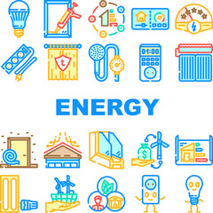 Naklejka premium energy conservation efficiency icons set vector. sustainability renewable, insulation,optimization, reduction green, ecofriendly energy conservation efficiency color line illustrations