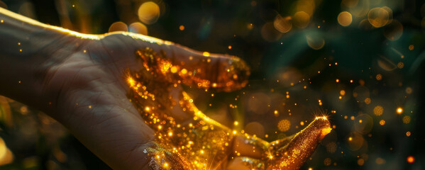 a hand illuminated by golden particles, glowing in soft light. The image evokes a sense of magic, wonder, and the ethereal beauty of light and energy.