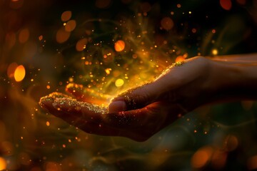 a hand illuminated by golden particles, glowing in soft light. The image evokes a sense of magic, wonder, and the ethereal beauty of light and energy.