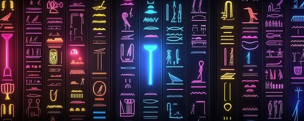 Continuous loop of Egyptian hieroglyphs flowing across a digital screen, with neon accents and metallic textures, sci-fi, holographic