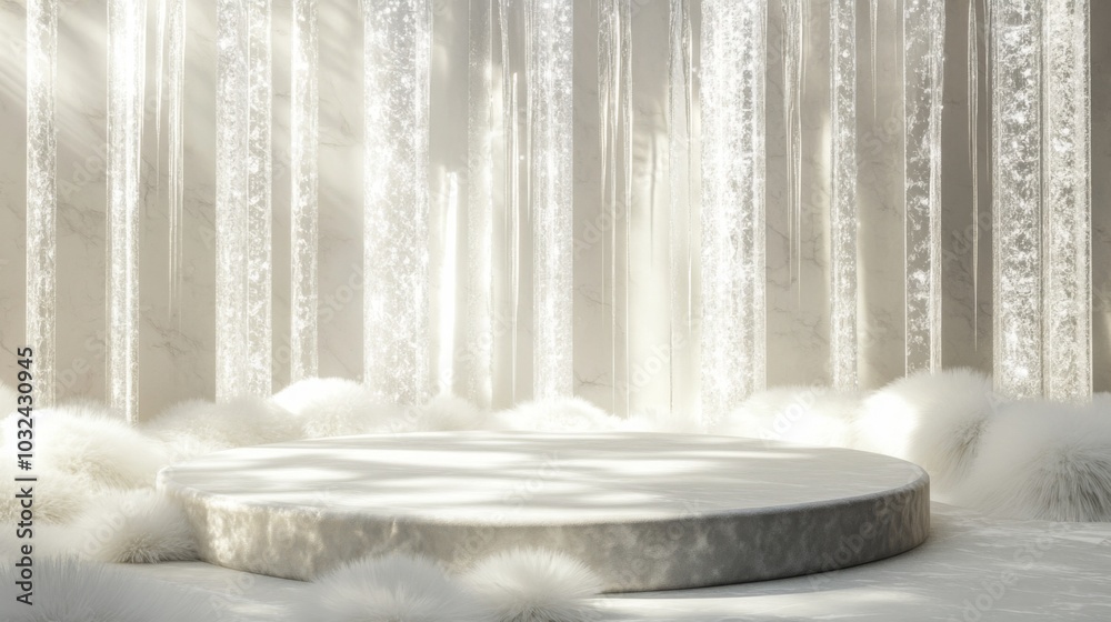 Aufkleber A circular platform is surrounded by soft, fluffy textures and illuminated by diffused light streaming through vertical elements. The tranquil ambiance creates a serene and inviting atmosphere.