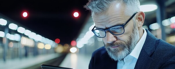 A business professional checking his travel itinerary and emails on a tablet while waiting for his train.