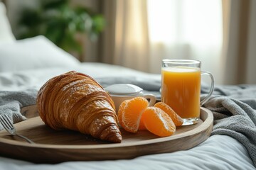 A cozy morning in a hotel with a tray of breakfast treats on a fuzzy bed background