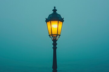 A Single Streetlight Illuminates a Foggy Harbor