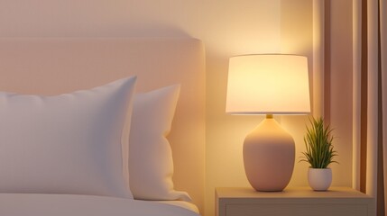 A calm and minimalist bedroom setup with soft pillows and a warm, inviting bedside lamp.