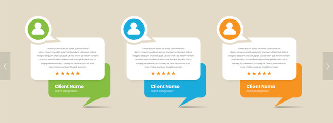 Feedback testimonial and client review card design with star rating and avatar