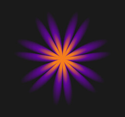 Fototapeta premium Abstract blur gradient flower in purple and orange aura neon colors on a black background. Floral aesthetic element, symbol with glowing vibrant effect. Vector illustration