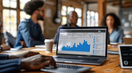 A laptop shows data chart in office meeting, with people working and discussing, quiet and collaborative atmosphere, typical office setting.