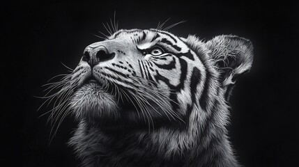 Obraz premium A majestic white tiger with sharp eyes gazes upwards against a black background.