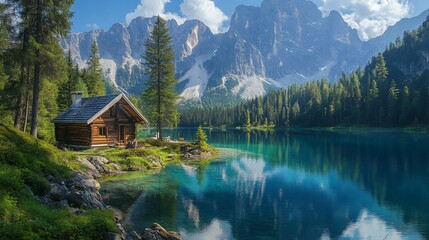 A rustic wooden cabin sits on a small island in a tranquil alpine lake, surrounded by towering mountains and lush green forests. The water is crystal clear, 