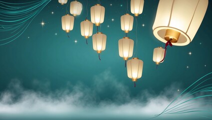 Obraz premium Floating Lanterns Amid Misty Teal Background