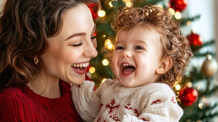 A Christmas morning filled with love as a mother and child laugh together by the holiday tree.