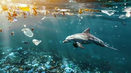 Fototapeta premium A dolphin swims in polluted water filled with plastic waste, emphasizing the stark contrast between nature's beauty and human-induced pollution in marine environments.