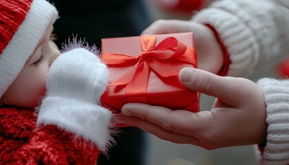 A close-up of a father and child enjoying a gift exchange, capturing the joy of family traditions.