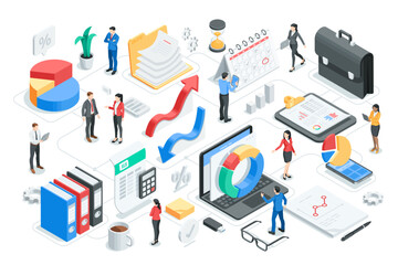 isometric vector business people analyzing charts, in color on a white background, statistics data research and professional team work