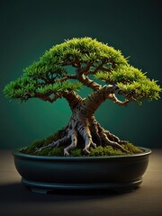 Bonsai, green light circle on the background, realistic colors, great contrast
