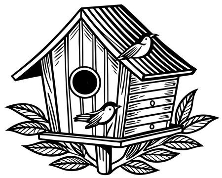 recommend clip art: bird house silhouette vector illustration,Wooden bird house line art silhouette