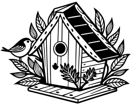 recommend clip art: bird house silhouette vector illustration,Wooden bird house line art silhouette
