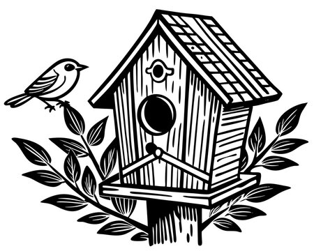 recommend clip art: bird house silhouette vector illustration,Wooden bird house line art silhouette