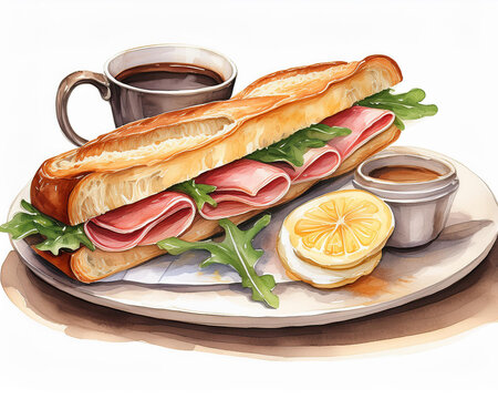 Ham Baguette Sandwich with Lemon Slice and cup of Coffee Watercolor