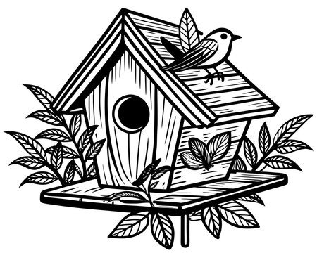 recommend clip art: bird house silhouette vector illustration,Wooden bird house line art silhouette
