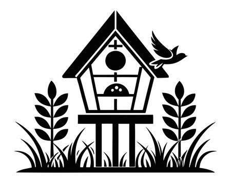 recommend clip art: bird house silhouette vector illustration,Wooden bird house line art silhouette