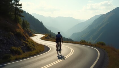 A cyclist rides along a winding mountain road with picturesque views of hills and valleys. The image captures a moment of adventure and solitude in nature.