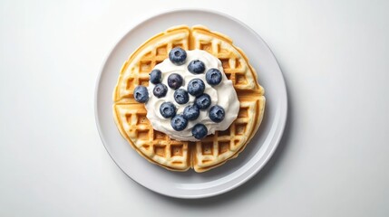 Fototapeta premium A single waffle topped with whipped cream and blueberries on a white plate, viewed from above.