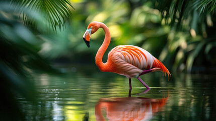Fototapeta premium A vibrant American flamingo standing in shallow water, with its striking pink feathers reflected in the water below, surrounded by a lush green tropical background.