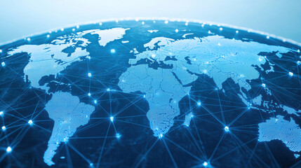Naklejka premium Digital world map with connected network nodes, showcasing global connectivity