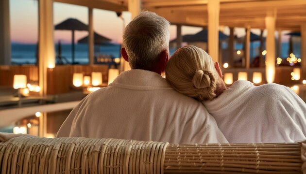 Older couple relaxing at a luxurious tropical spa wearing robes with a soft warm glow of candle lights