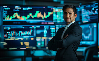 a confident Indian businessman in front of stock market screens