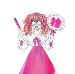 うちわとサイリウムを持って推し活をする女性　ショック　赤