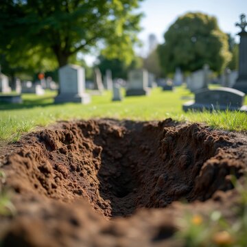 An open grave in a sunlit cemetery, surrounded by green grass and headstones, depicting the cycle of life and death